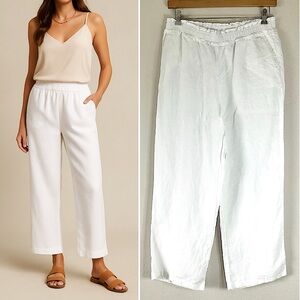 CHARTER CLUB White Linen Pants L Wide Leg Pull-On Ankle Lagenlook Coast Nautical